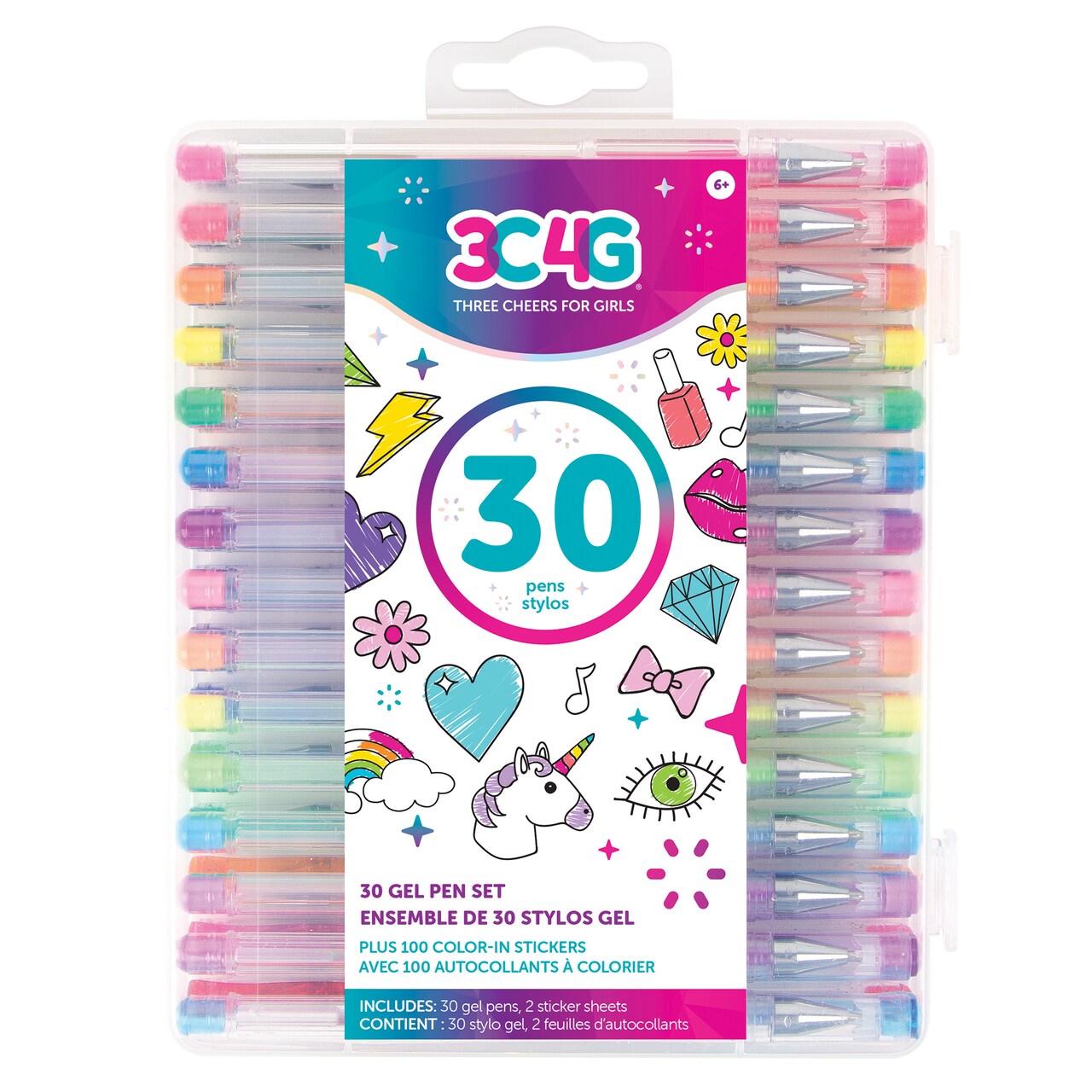 3C4G: 30 Piece Gel Pen Set - Plus 100 Color-In Stickers, Make It Real, Sketch Doodle Color, Tweens & Girls Art Supplies, Three Cheers For Girls, Kids Ages 6+